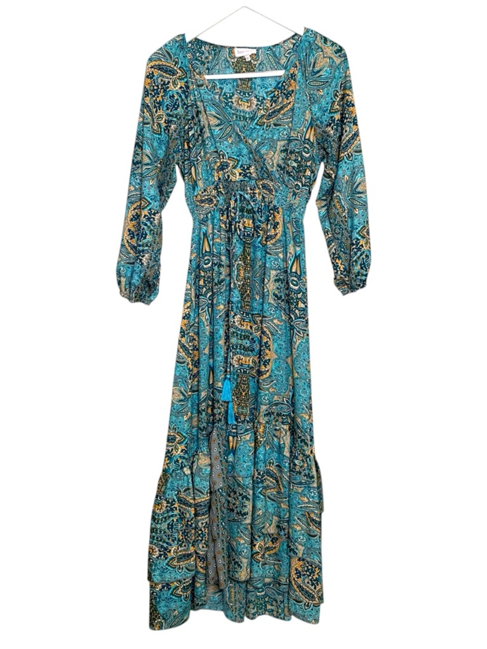 Boemo Anthro Boho Style Turquoise Gold Paisley Patterned Long Sleeve Maxi Dress